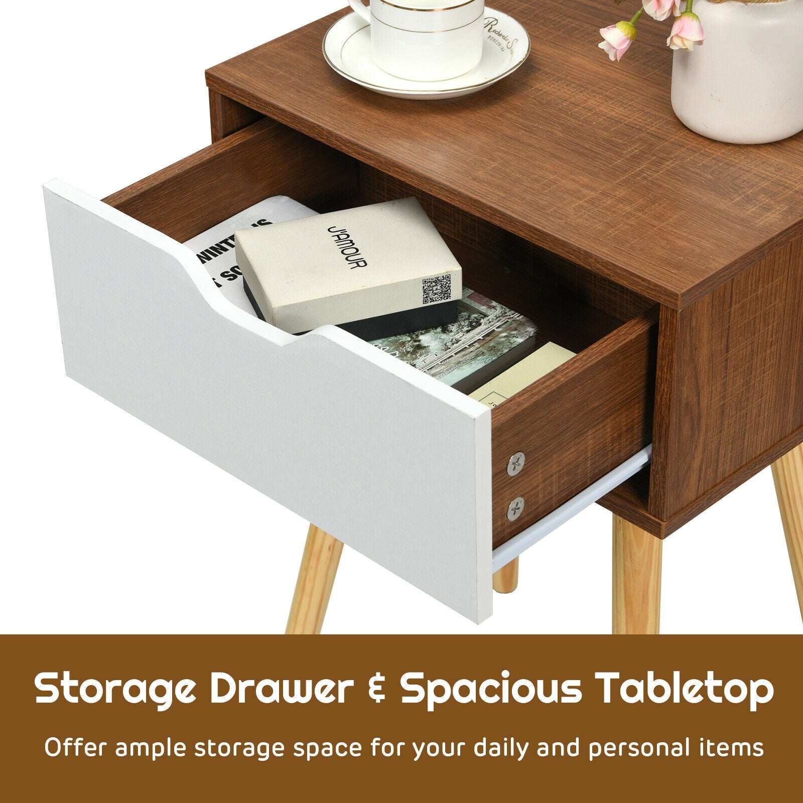 End Side Storage Drawer Nightstand with Solid Wooden Leg, Brown Nightstands at Gallery Canada