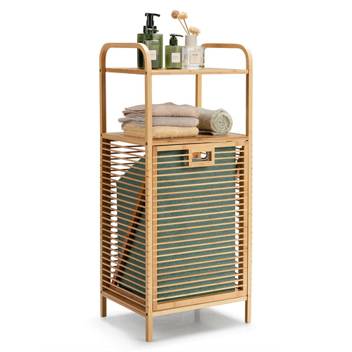 Tilt-out Bamboo Laundry Hamper  with 2-Tier Shelf and Removable Liner, Natural