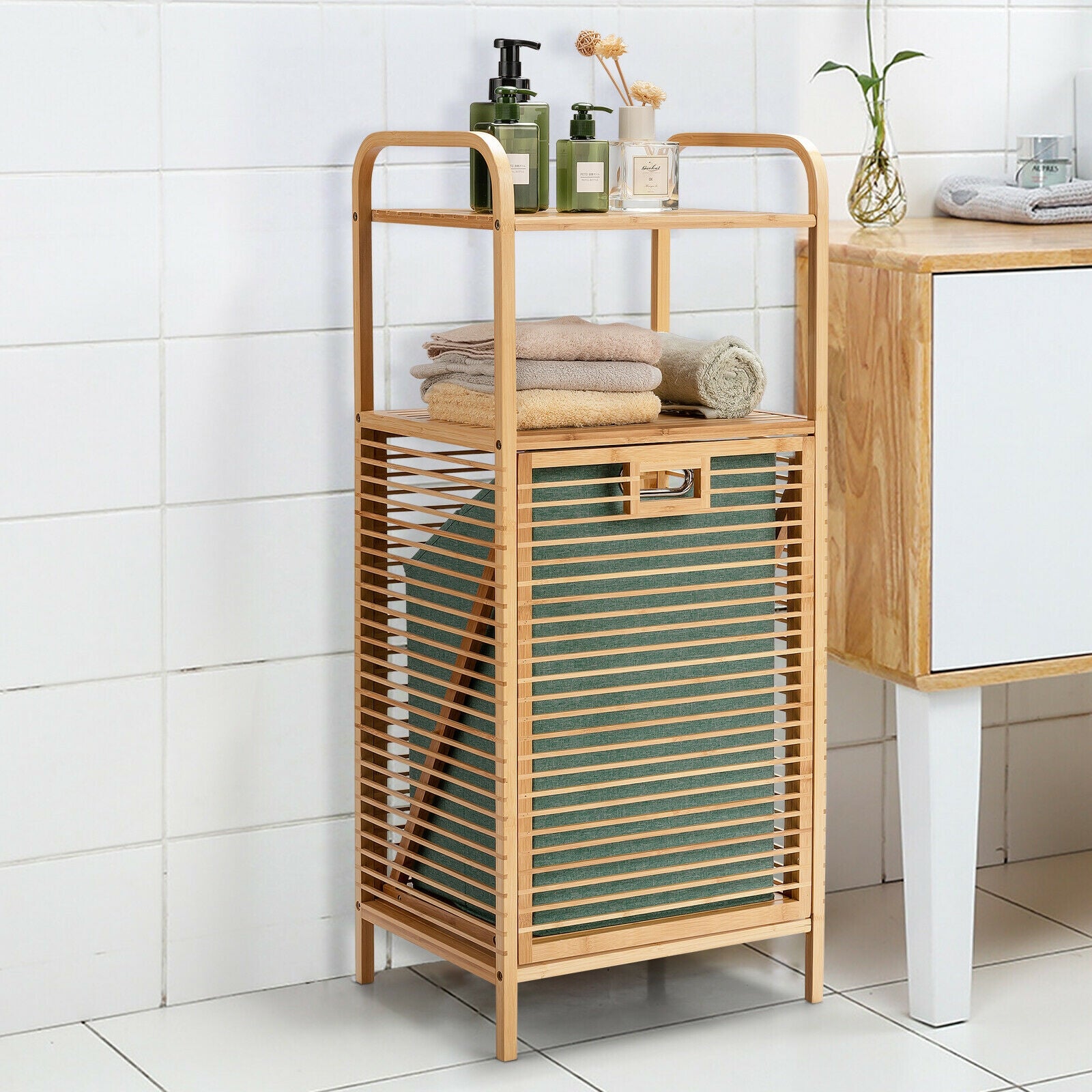 Tilt-out Bamboo Laundry Hamper with 2-Tier Shelf and Removable Liner, Natural Laundry Baskets at Gallery Canada