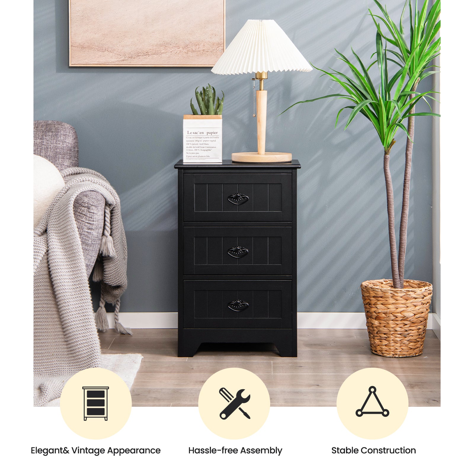 3 Drawers End Storage Wood Side Nightstand, Black Nightstands at Gallery Canada