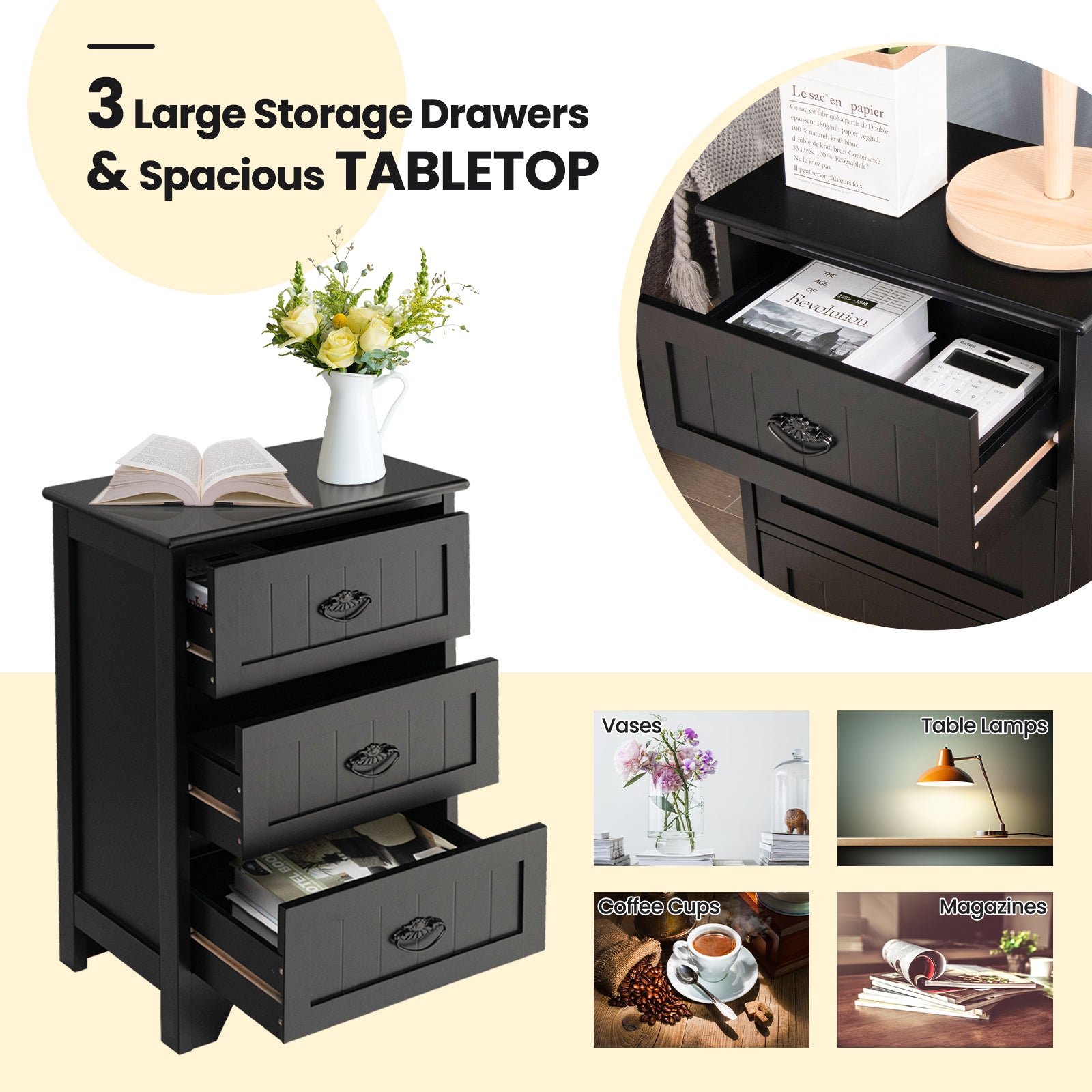 3 Drawers End Storage Wood Side Nightstand, Black Nightstands at Gallery Canada