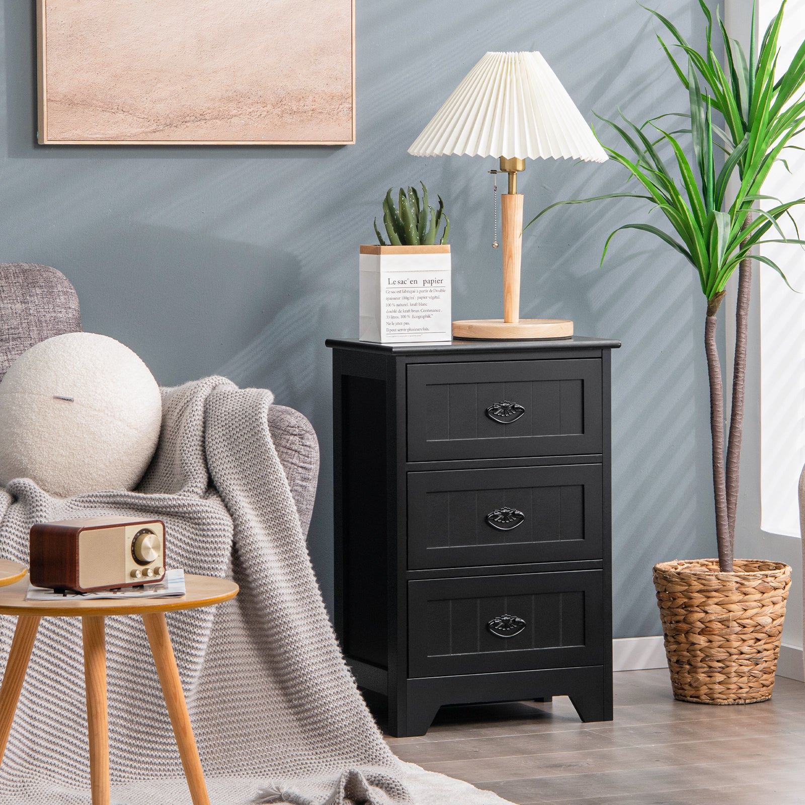 3 Drawers End Storage Wood Side Nightstand, Black Nightstands at Gallery Canada