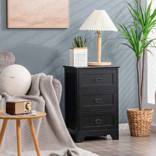 3 Drawers End Storage Wood Side Nightstand, Black