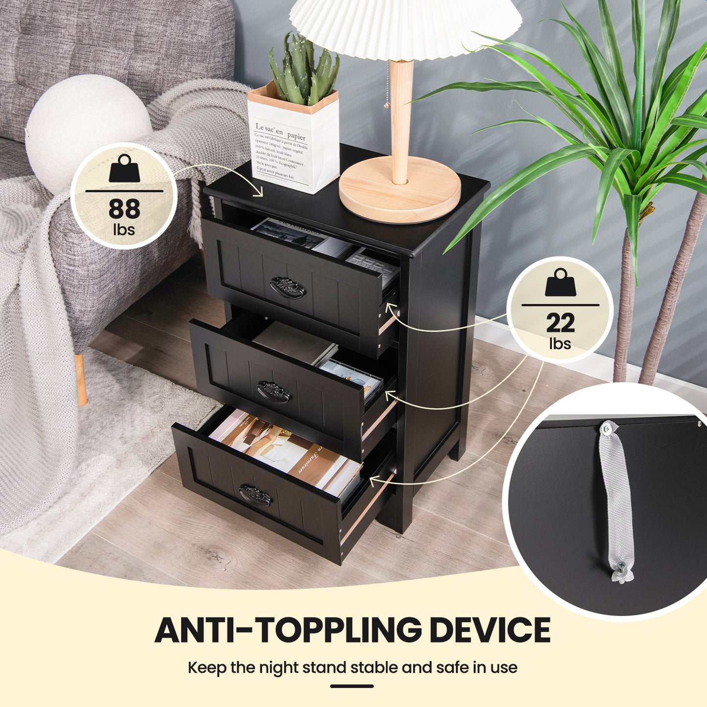 3 Drawers End Storage Wood Side Nightstand, Black Nightstands at Gallery Canada