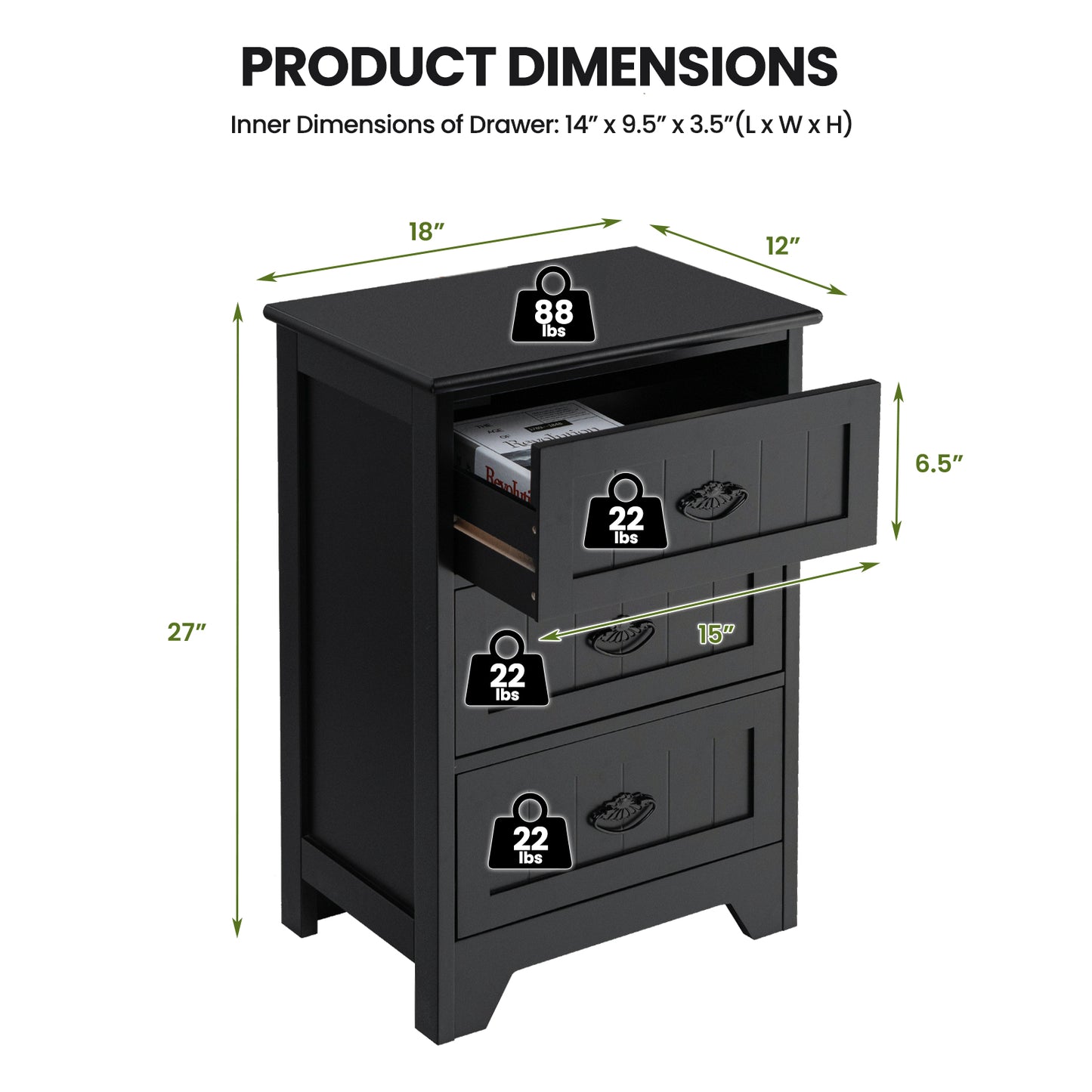 3 Drawers End Storage Wood Side Nightstand, Black Nightstands at Gallery Canada