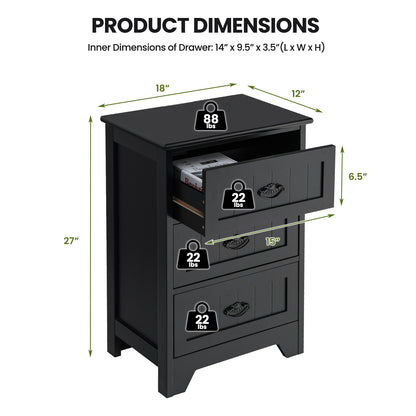 3 Drawers End Storage Wood Side Nightstand, Black Nightstands at Gallery Canada