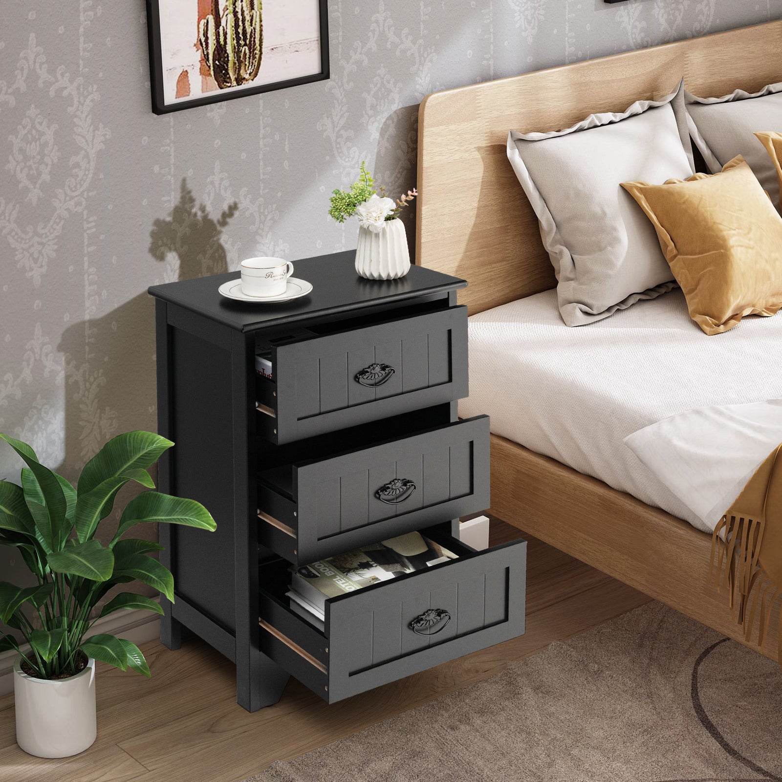 3 Drawers End Storage Wood Side Nightstand, Black Nightstands at Gallery Canada