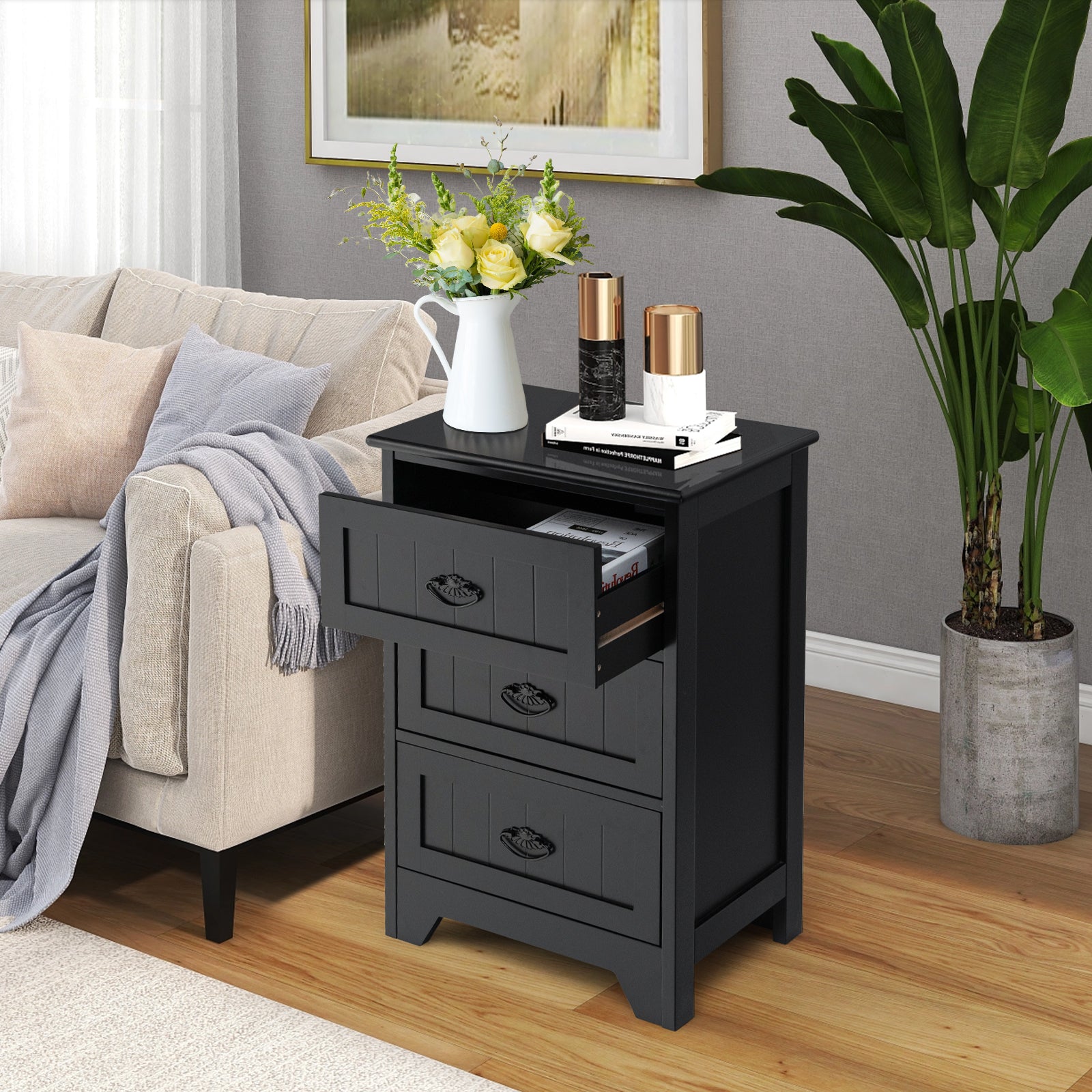 3 Drawers End Storage Wood Side Nightstand, Black Nightstands at Gallery Canada