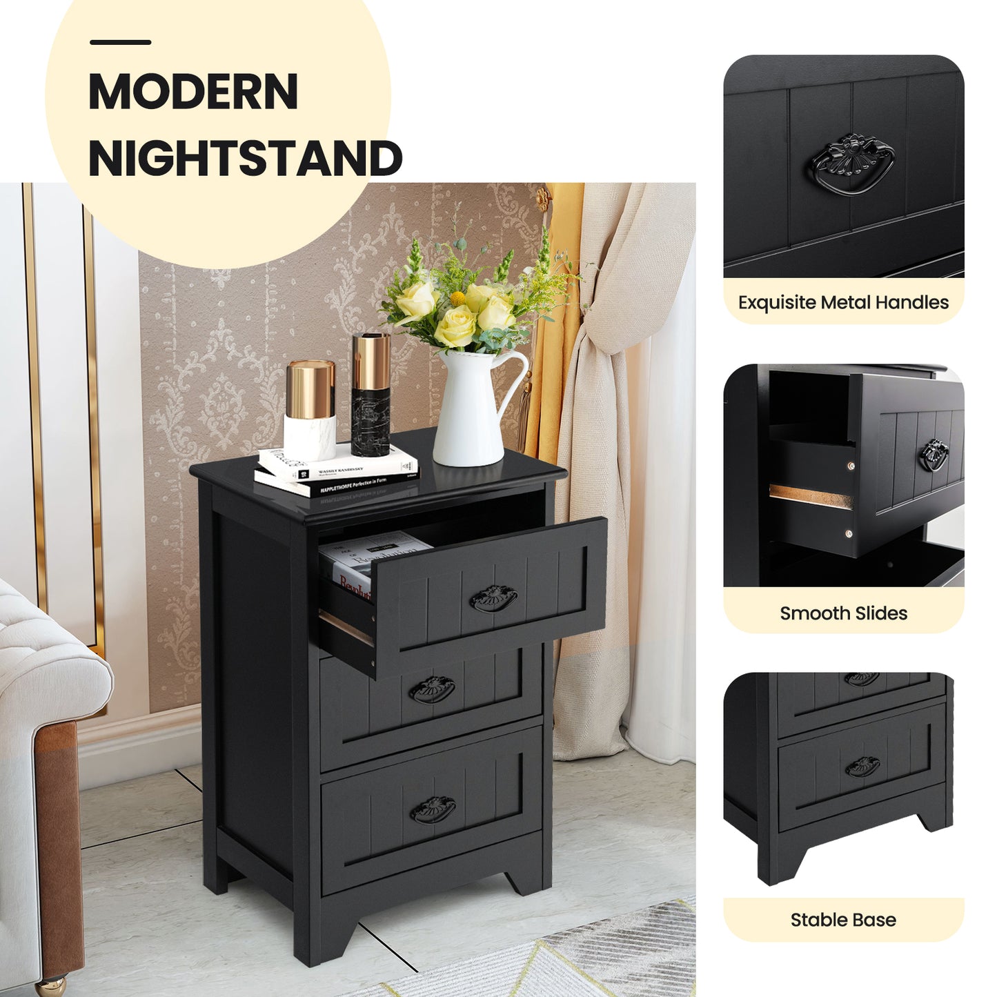 3 Drawers End Storage Wood Side Nightstand, Black Nightstands at Gallery Canada