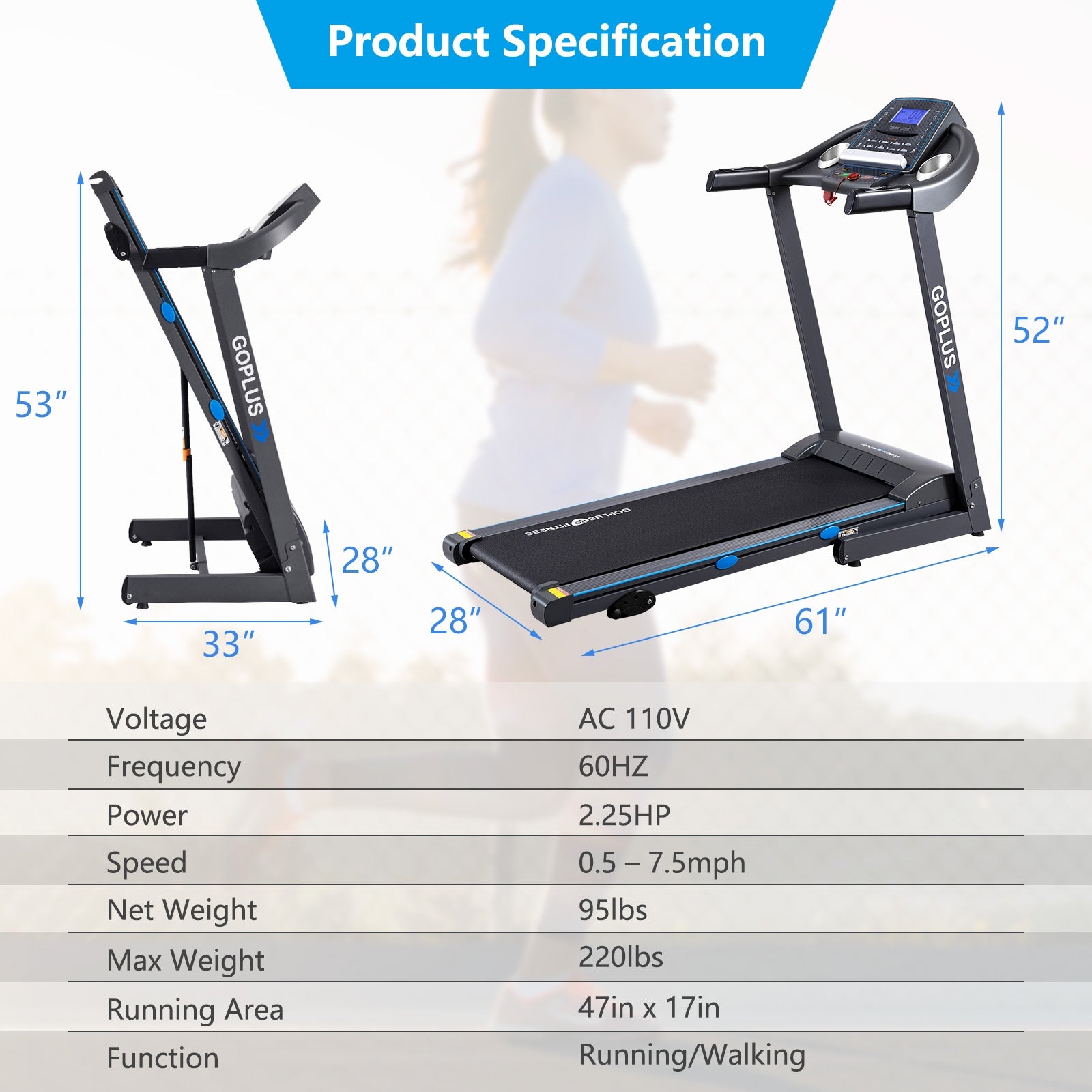 2.25 HP Folding Electric Motorized Power Treadmill with Blue Backlit LCD Display, Black Treadmills at Gallery Canada