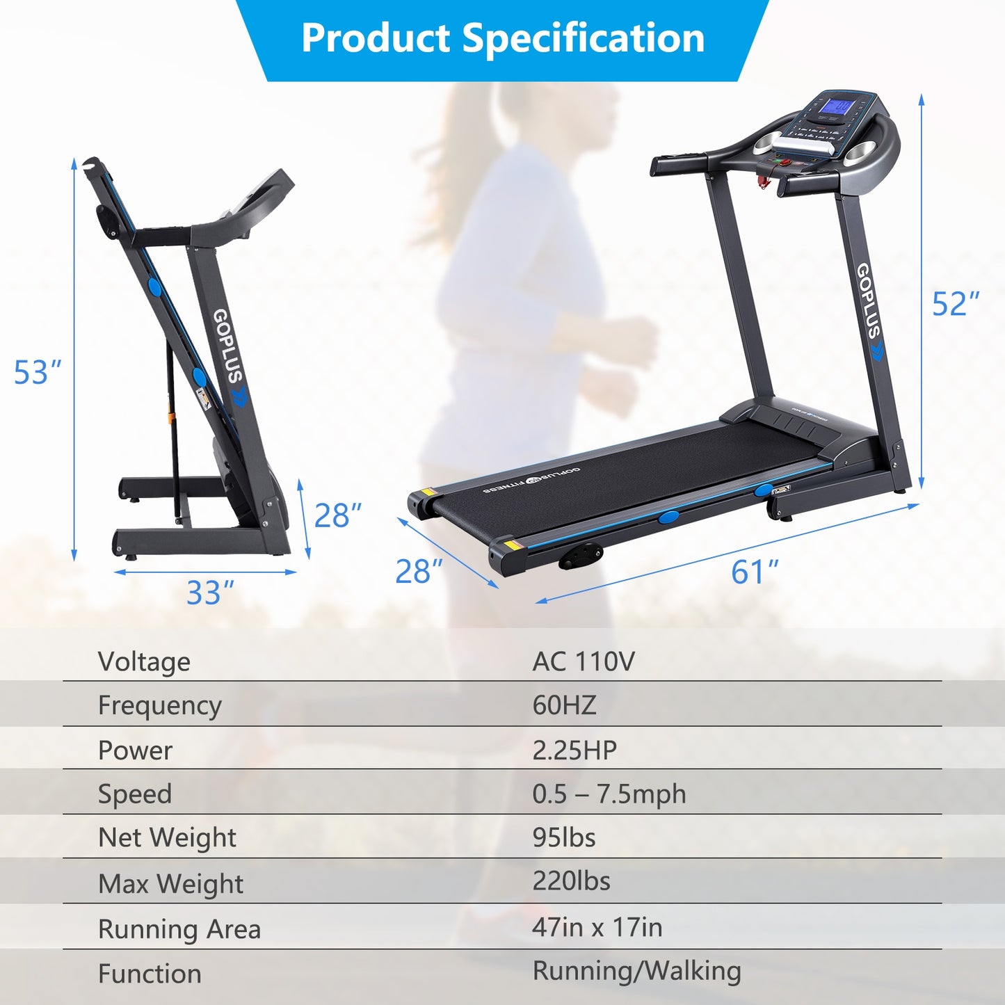 2.25 HP Folding Electric Motorized Power Treadmill with Blue Backlit LCD Display, Black Treadmills at Gallery Canada