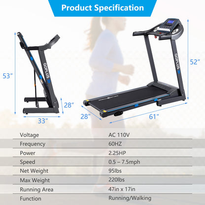 2.25 HP Folding Electric Motorized Power Treadmill with Blue Backlit LCD Display, Black Treadmills at Gallery Canada