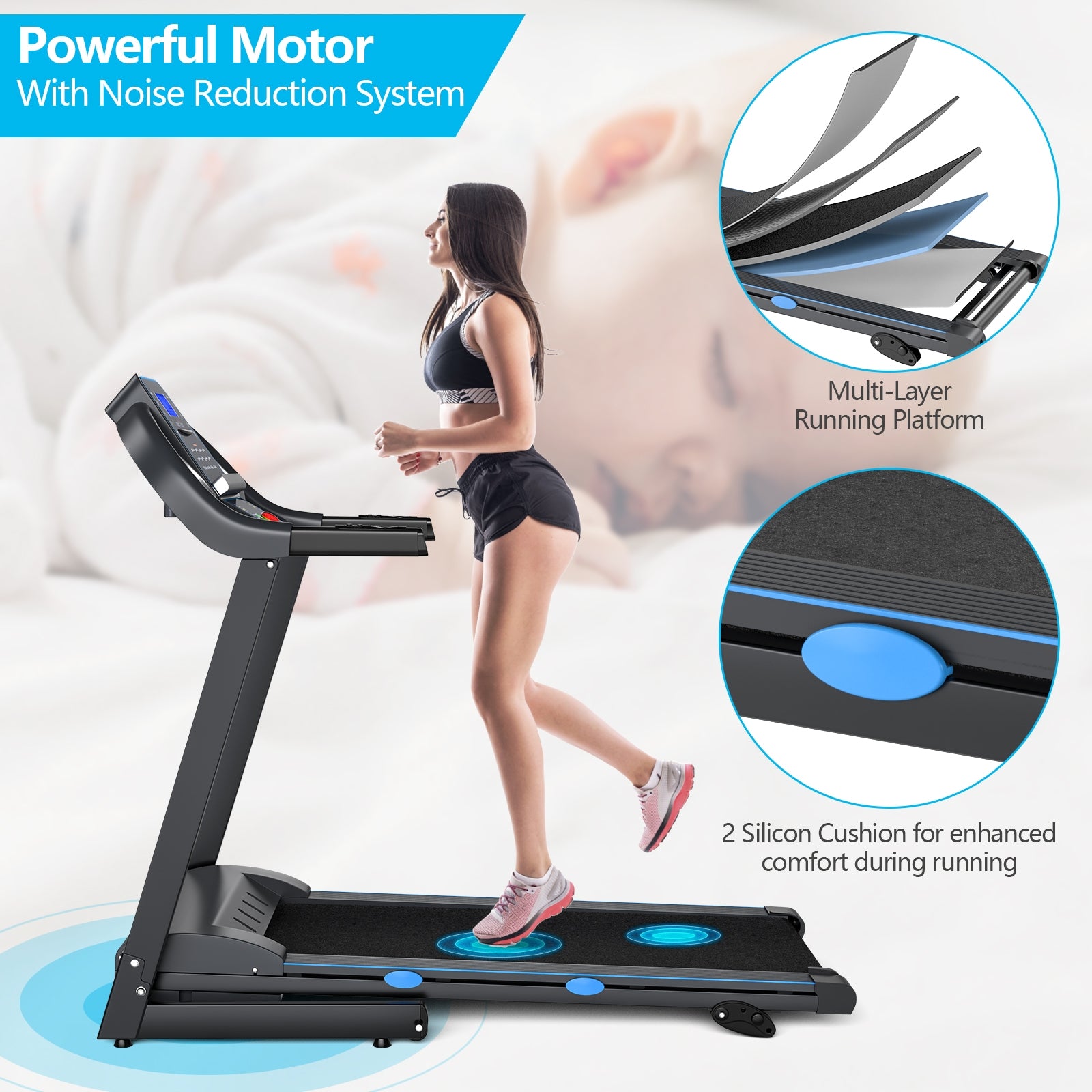 2.25 HP Folding Electric Motorized Power Treadmill with Blue Backlit LCD Display, Black Treadmills at Gallery Canada