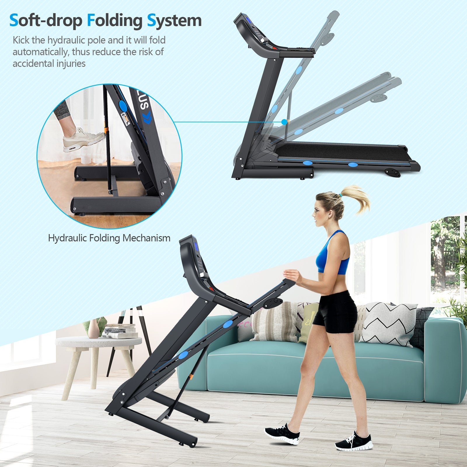 2.25 HP Folding Electric Motorized Power Treadmill with Blue Backlit LCD Display, Black Treadmills at Gallery Canada