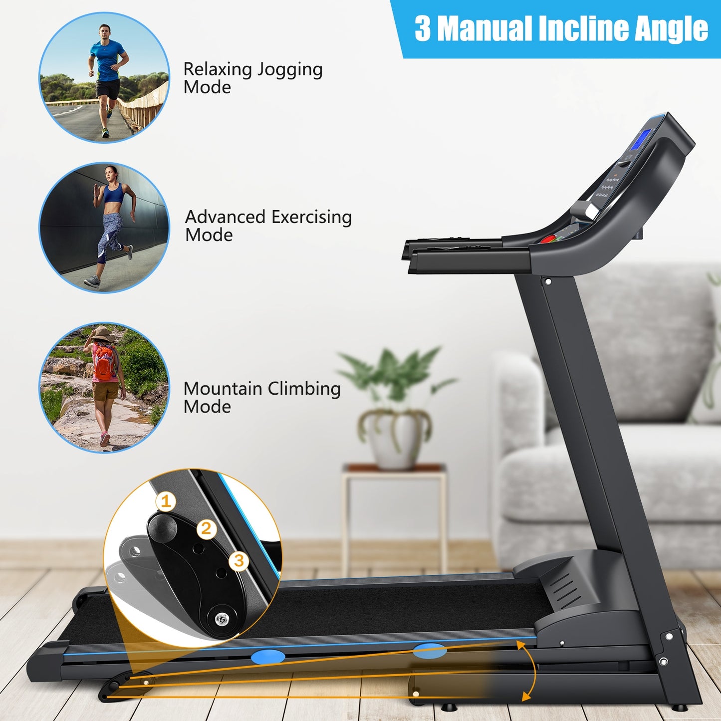 2.25 HP Folding Electric Motorized Power Treadmill with Blue Backlit LCD Display, Black Treadmills at Gallery Canada