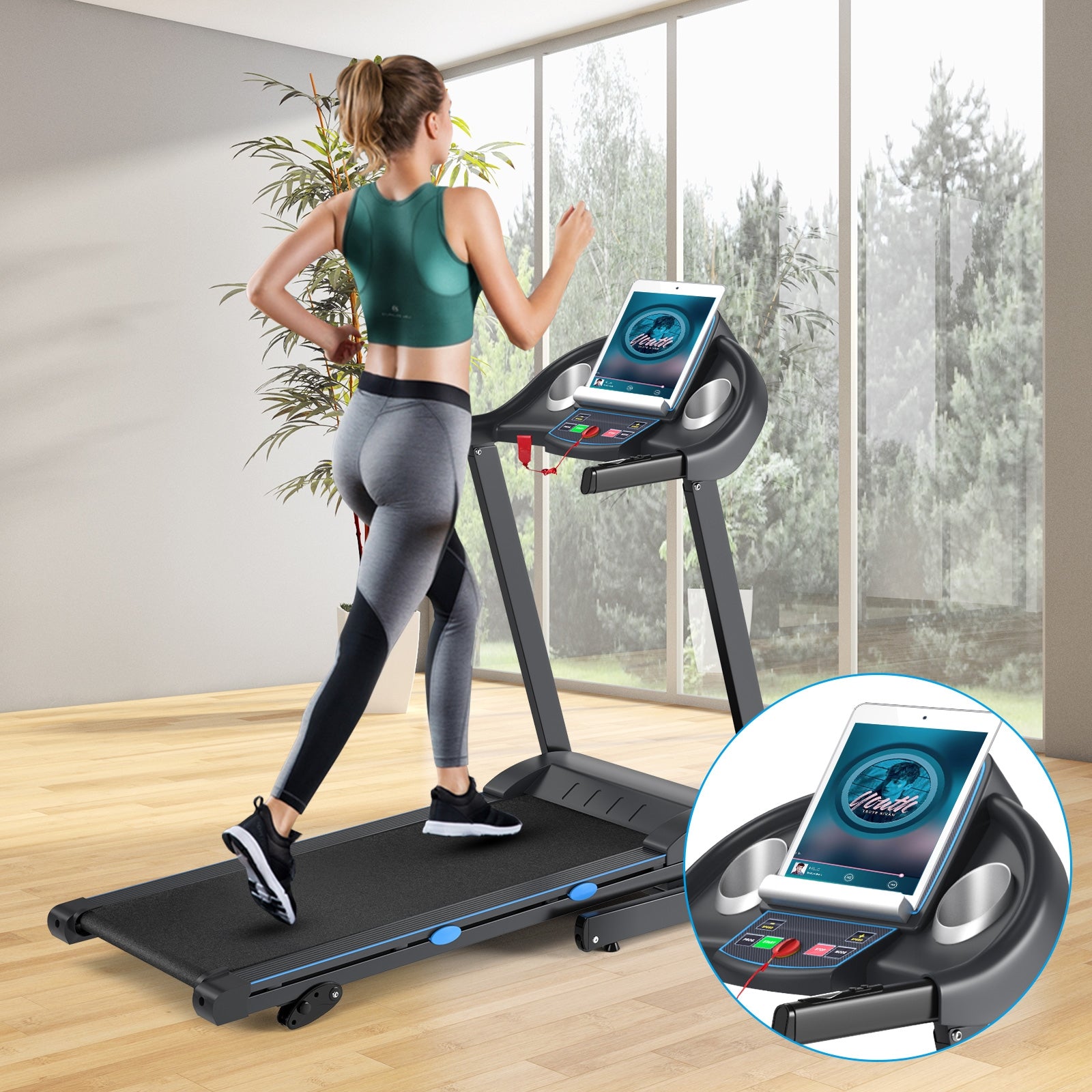2.25 HP Folding Electric Motorized Power Treadmill with Blue Backlit LCD Display, Black Treadmills at Gallery Canada