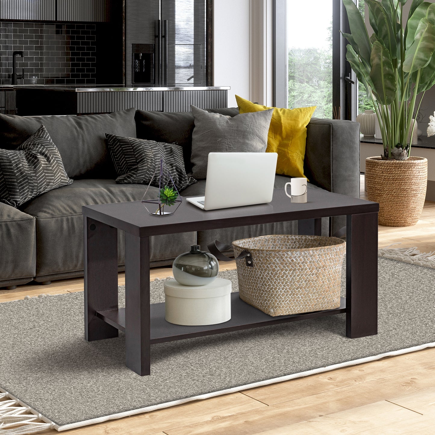 Rectangular Cocktail Coffee Table with Storage Shelf, Brown Coffee Tables at Gallery Canada