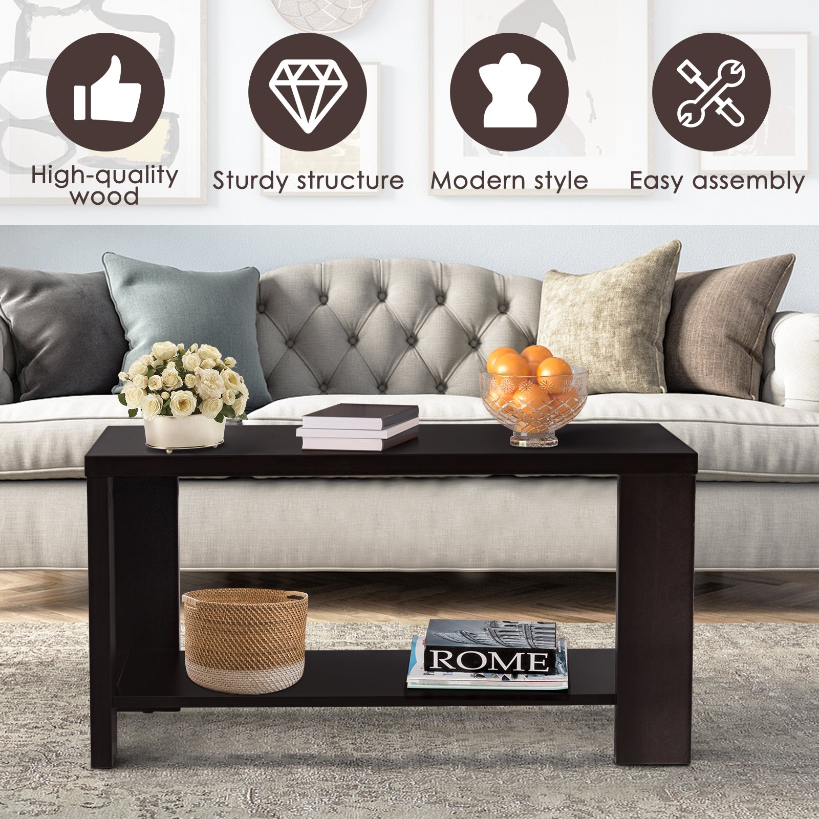 Rectangular Cocktail Coffee Table with Storage Shelf, Brown Coffee Tables at Gallery Canada