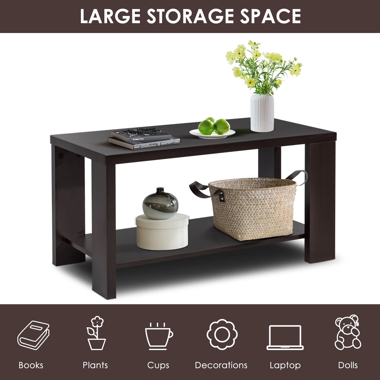 Rectangular Cocktail Coffee Table with Storage Shelf, Brown Coffee Tables at Gallery Canada