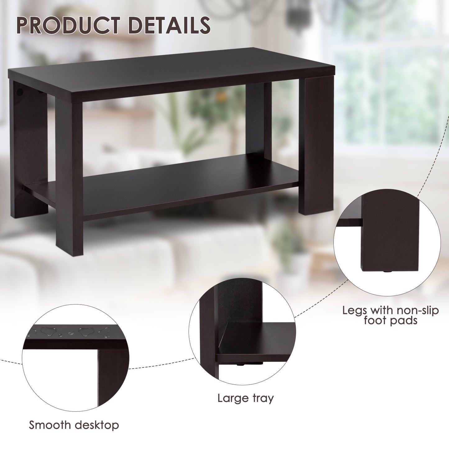 Rectangular Cocktail Coffee Table with Storage Shelf, Brown Coffee Tables at Gallery Canada