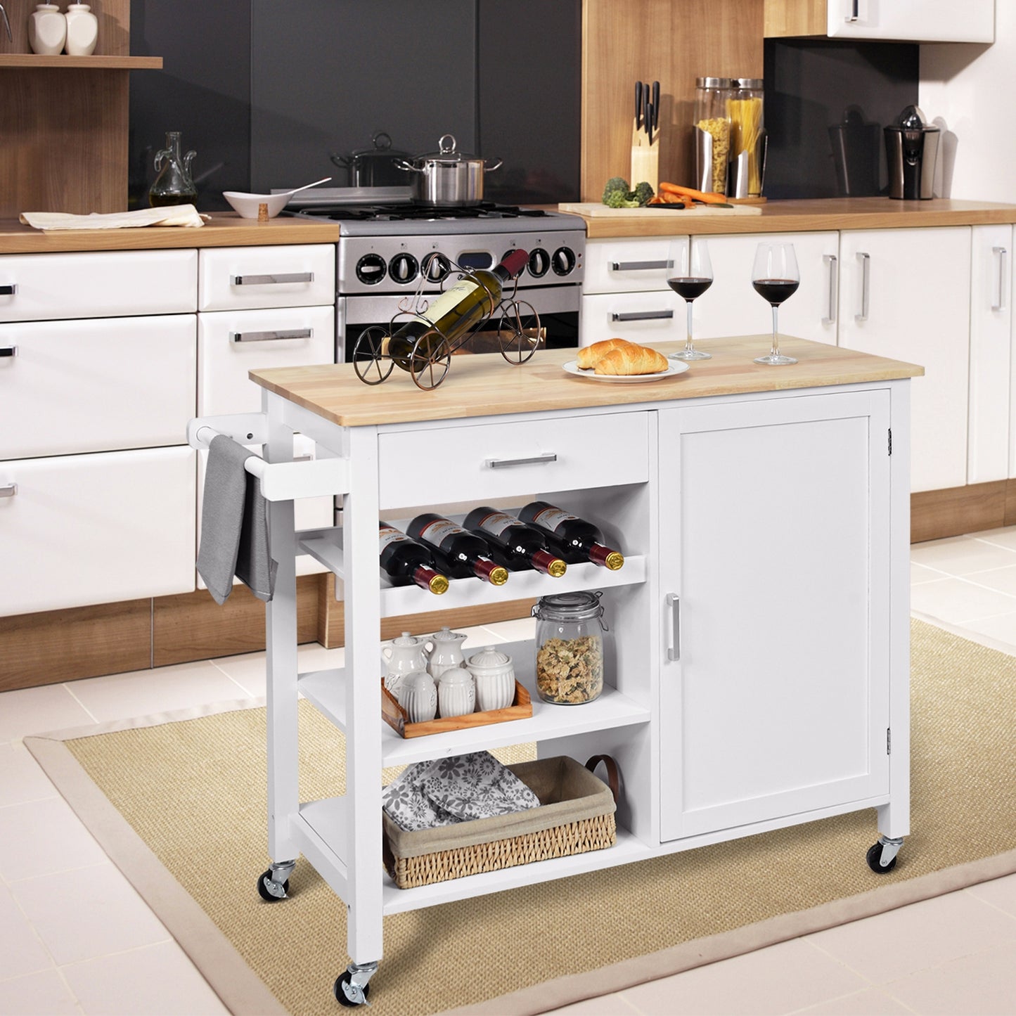Kitchen Island Cart Rolling Serving Cart Wood Trolley, White Kitchen Islands & Carts at Gallery Canada