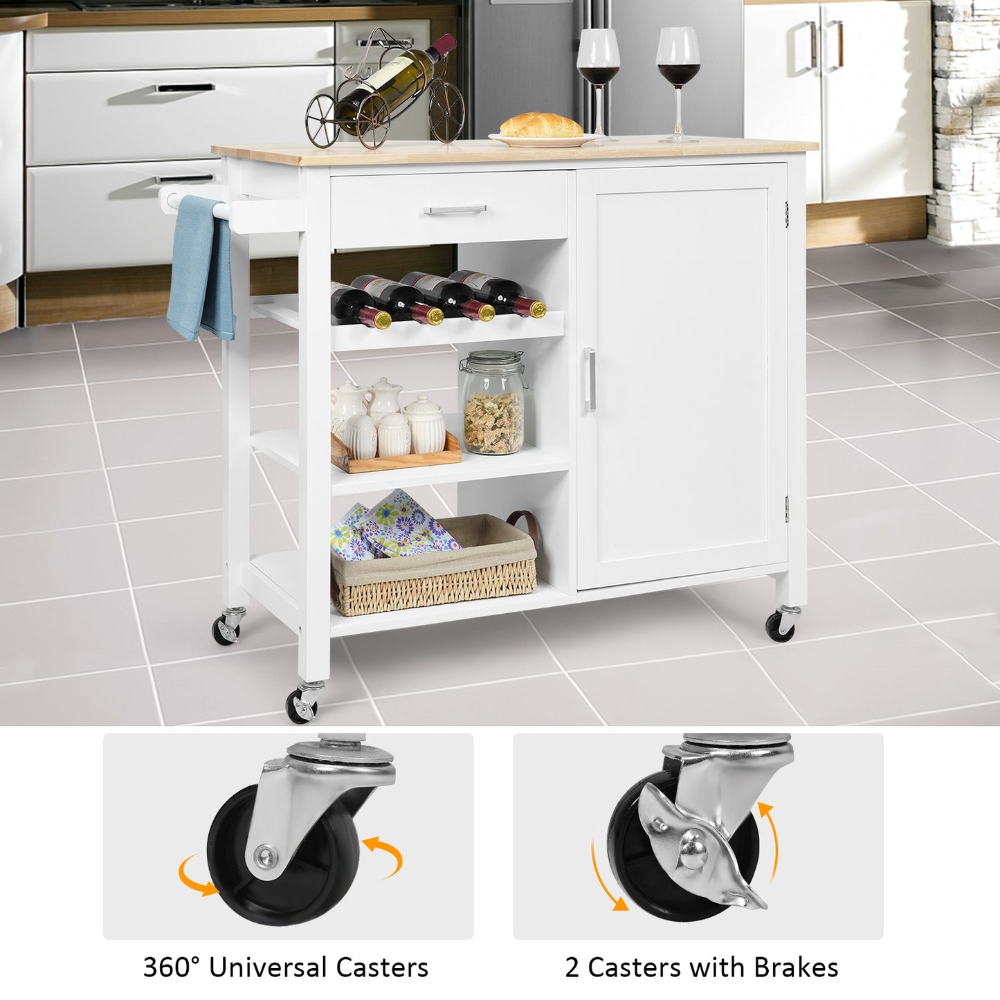 Kitchen Island Cart Rolling Serving Cart Wood Trolley, White Kitchen Islands & Carts at Gallery Canada