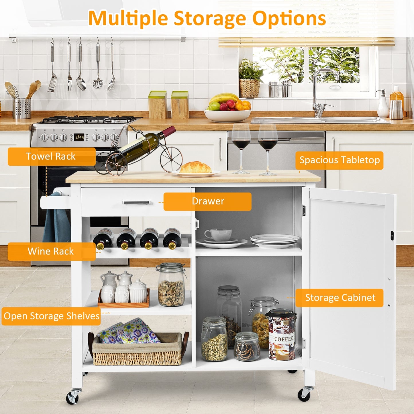 Kitchen Island Cart Rolling Serving Cart Wood Trolley, White Kitchen Islands & Carts at Gallery Canada