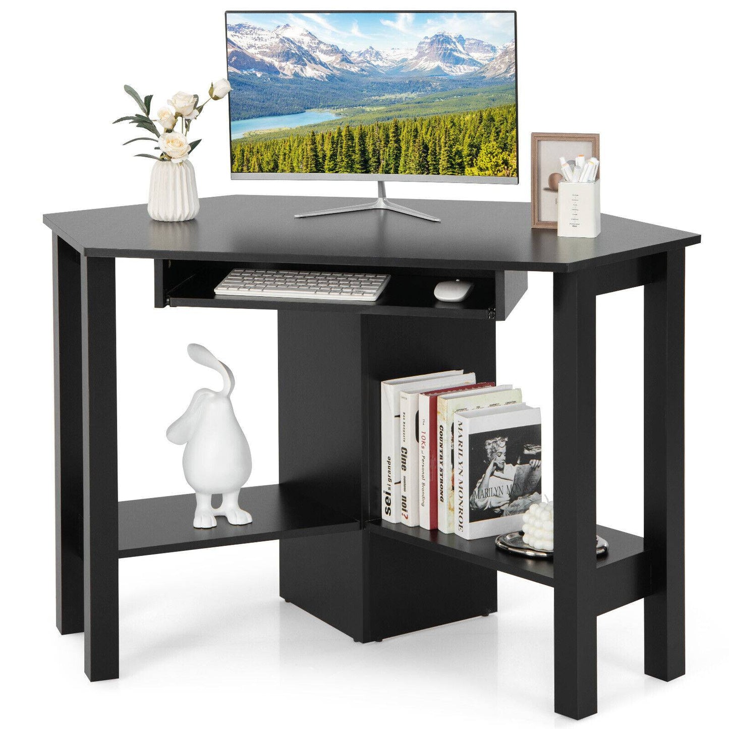 Wooden Study Computer Corner Desk with Drawer, Black Corner Desks at Gallery Canada