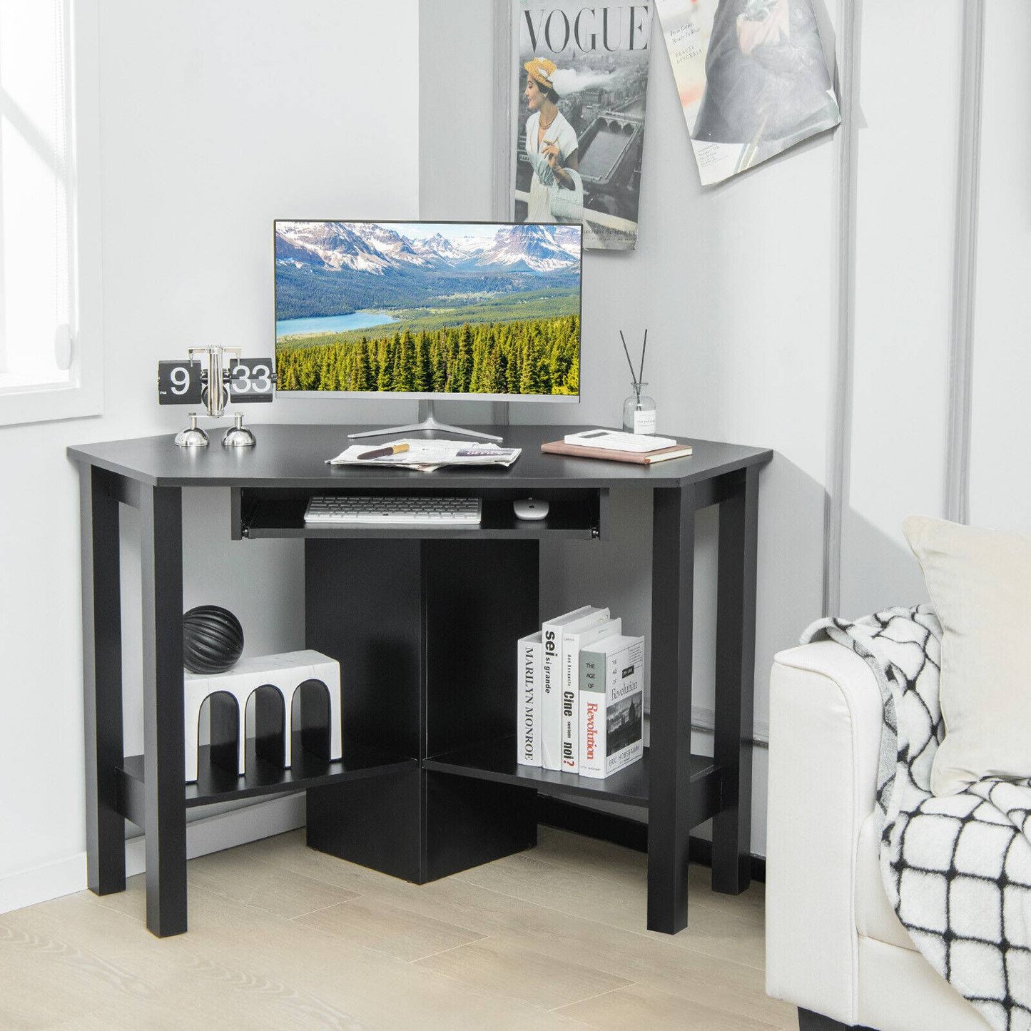 Wooden Study Computer Corner Desk with Drawer, Black Corner Desks at Gallery Canada