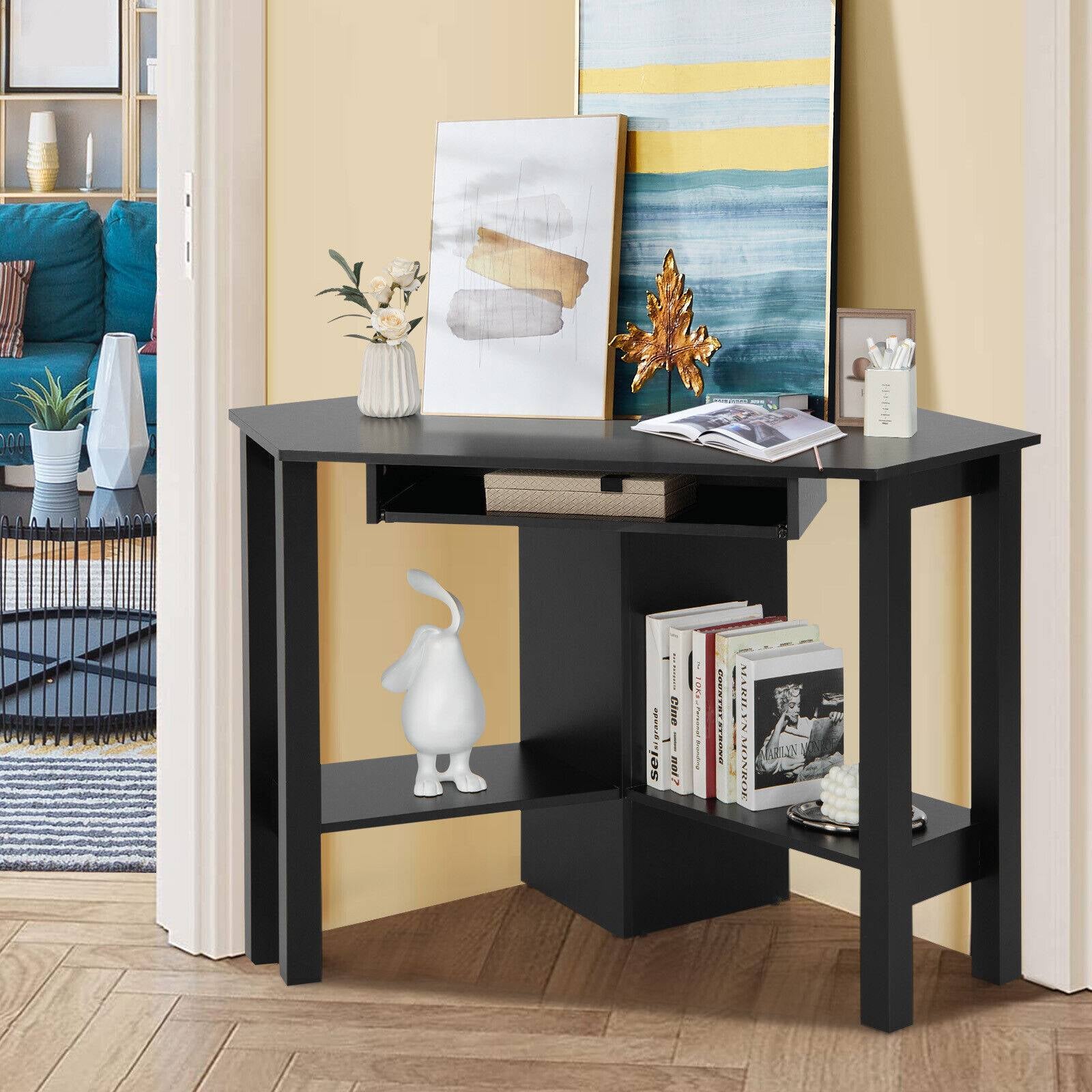 Wooden Study Computer Corner Desk with Drawer, Black Corner Desks at Gallery Canada