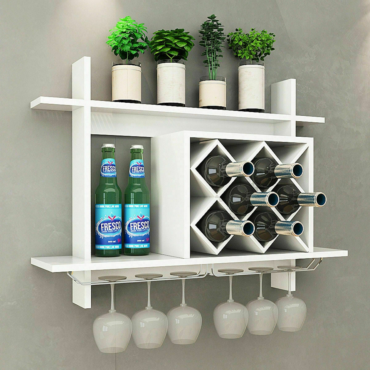 Household Wall Mount Wine Rack Organizer with Glass Holder Storage Shelf, White Wine Racks at Gallery Canada