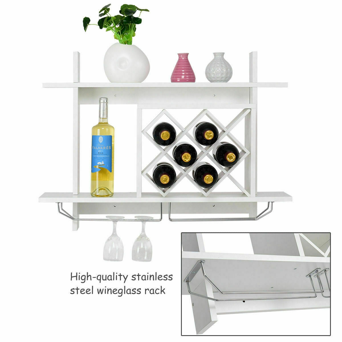 Household Wall Mount Wine Rack Organizer with Glass Holder Storage Shelf, White Wine Racks at Gallery Canada