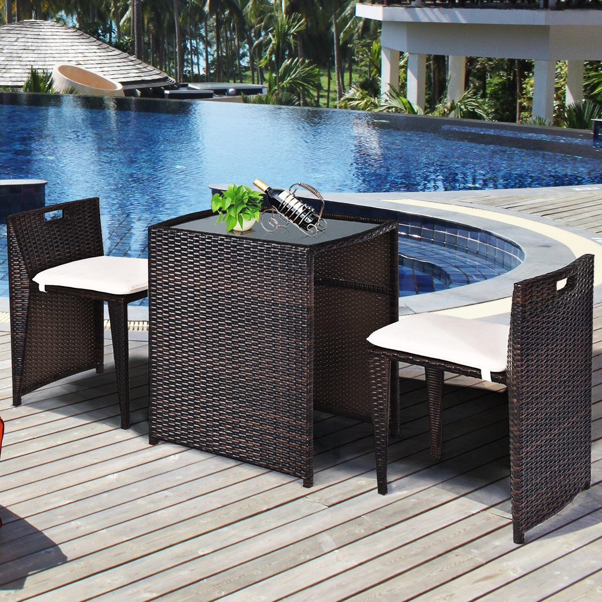 3 Pieces Cushioned Outdoor Wicker Patio Set with No Assembly Needed, Beige Patio Conversation Sets at Gallery Canada