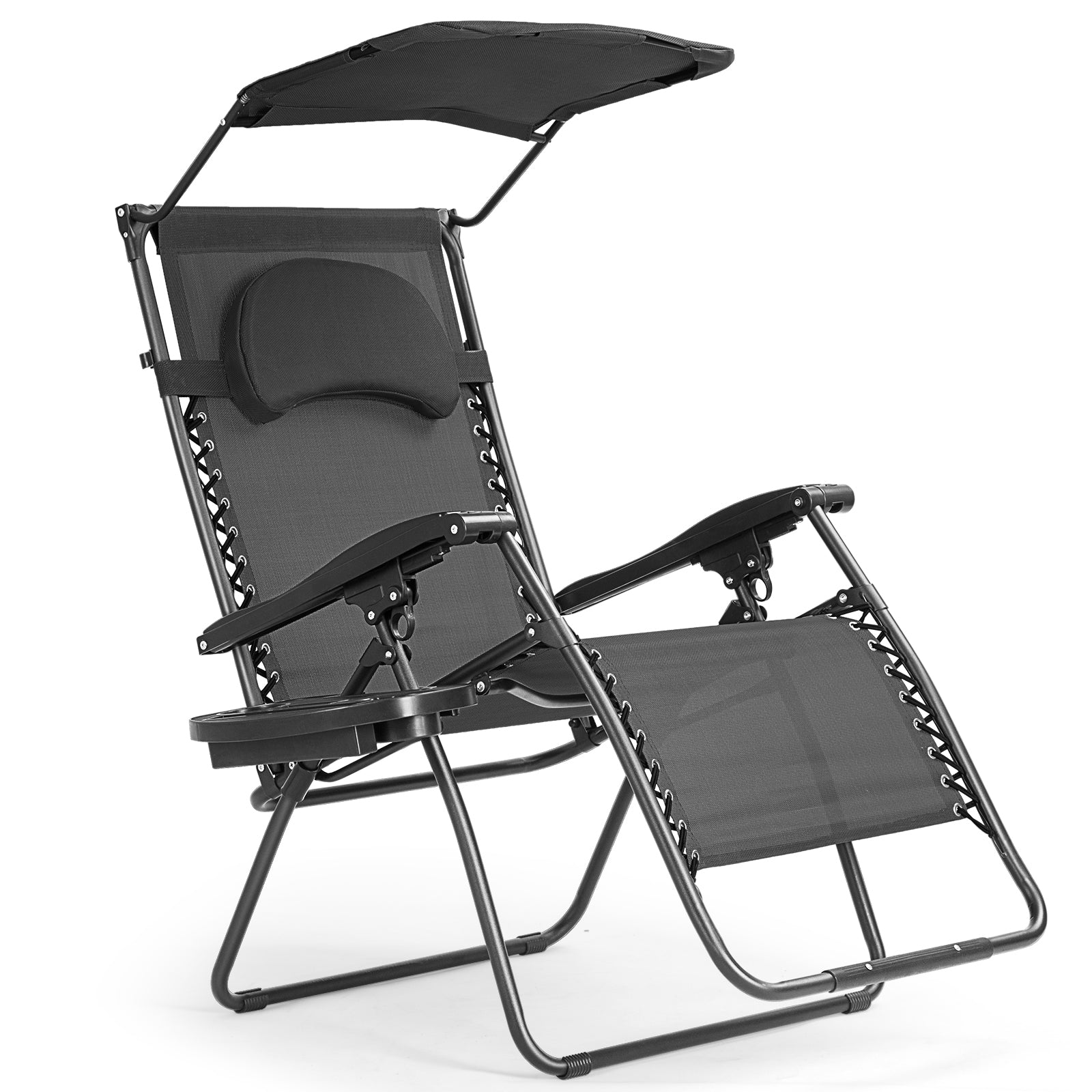 Folding Recliner Lounge Chair w/ Shade Canopy Cup Holder, Black Beach & Lawn Chairs Black at Gallery Canada