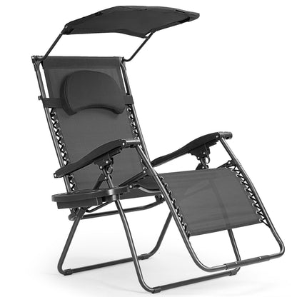 Folding Recliner Lounge Chair, With Shade Canopy Cup Holder, Black