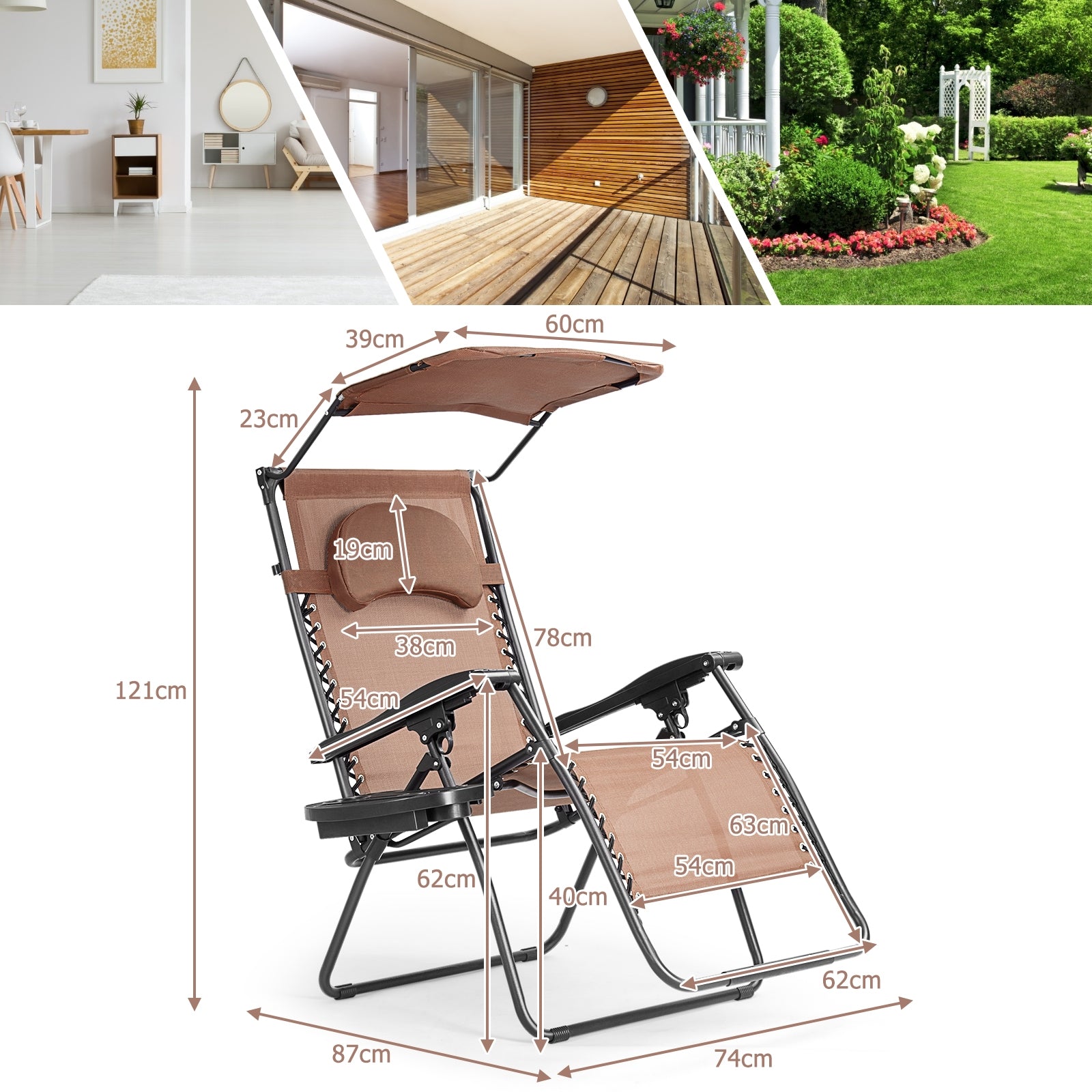 Folding Recliner Lounge Chair w/ Shade Canopy Cup Holder, Brown Beach & Lawn Chairs at Gallery Canada