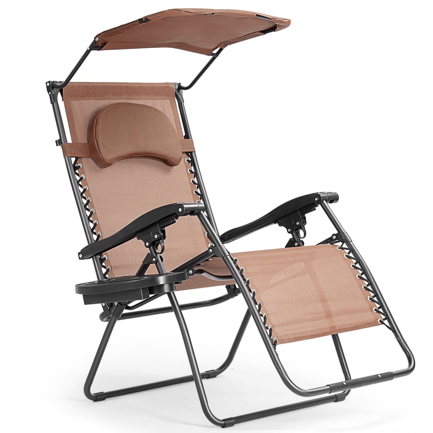 Folding Recliner Lounge Chair, Shade Canopy, Cup Holder, Brown