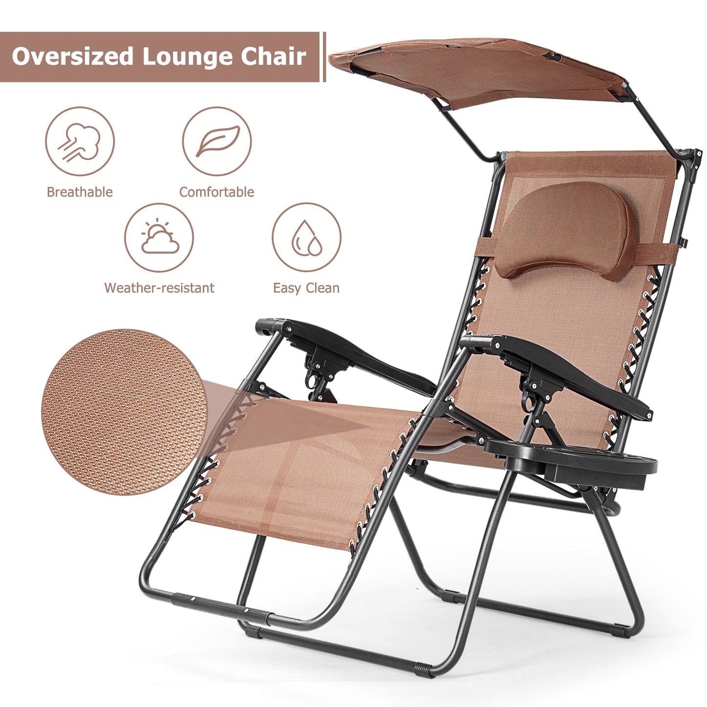 Folding Recliner Lounge Chair w/ Shade Canopy Cup Holder, Brown Beach & Lawn Chairs at Gallery Canada