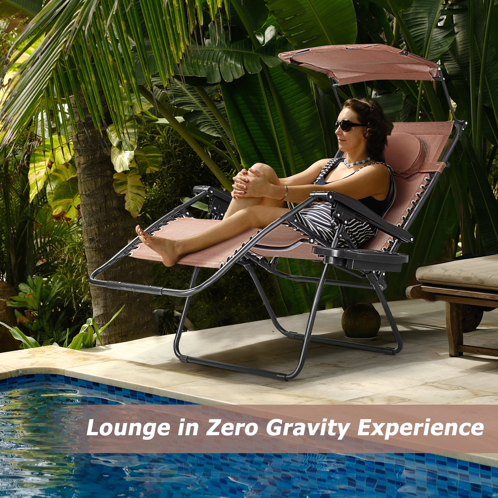 Folding Recliner Lounge Chair w/ Shade Canopy Cup Holder, Brown Beach & Lawn Chairs at Gallery Canada