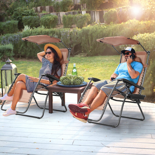 Folding Recliner Lounge Chair w/ Shade Canopy Cup Holder, Brown Beach & Lawn Chairs Brown at Gallery Canada