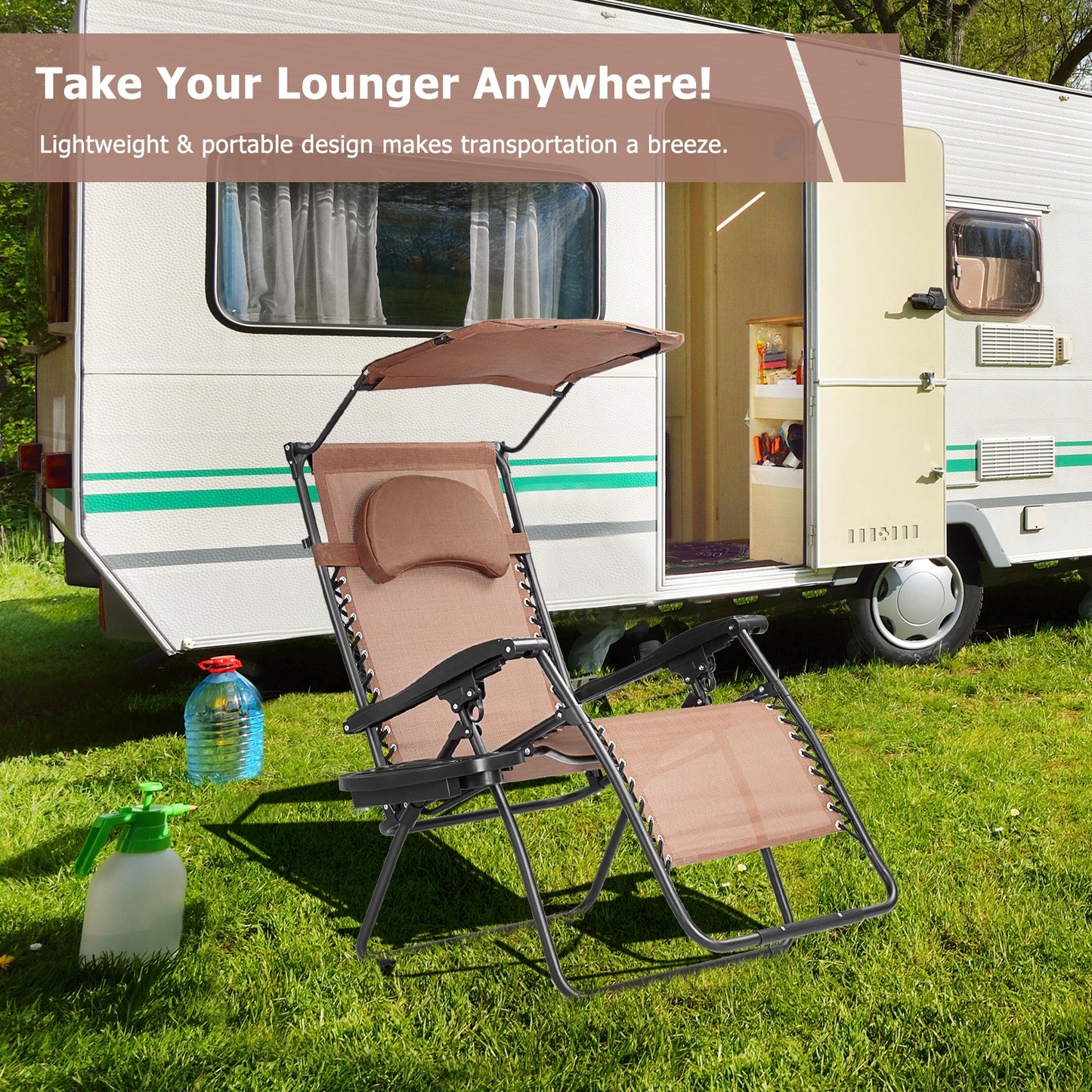 Folding Recliner Lounge Chair w/ Shade Canopy Cup Holder, Brown Beach & Lawn Chairs at Gallery Canada