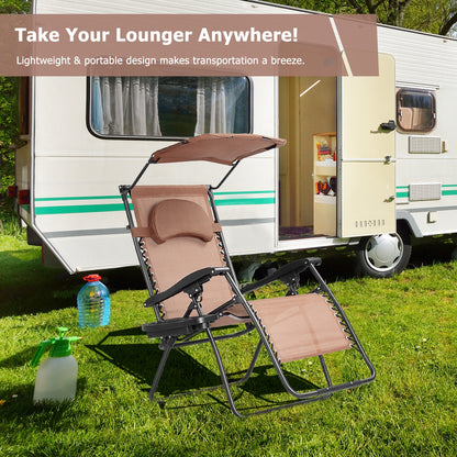 Folding Recliner Lounge Chair w/ Shade Canopy Cup Holder, Brown Beach & Lawn Chairs at Gallery Canada