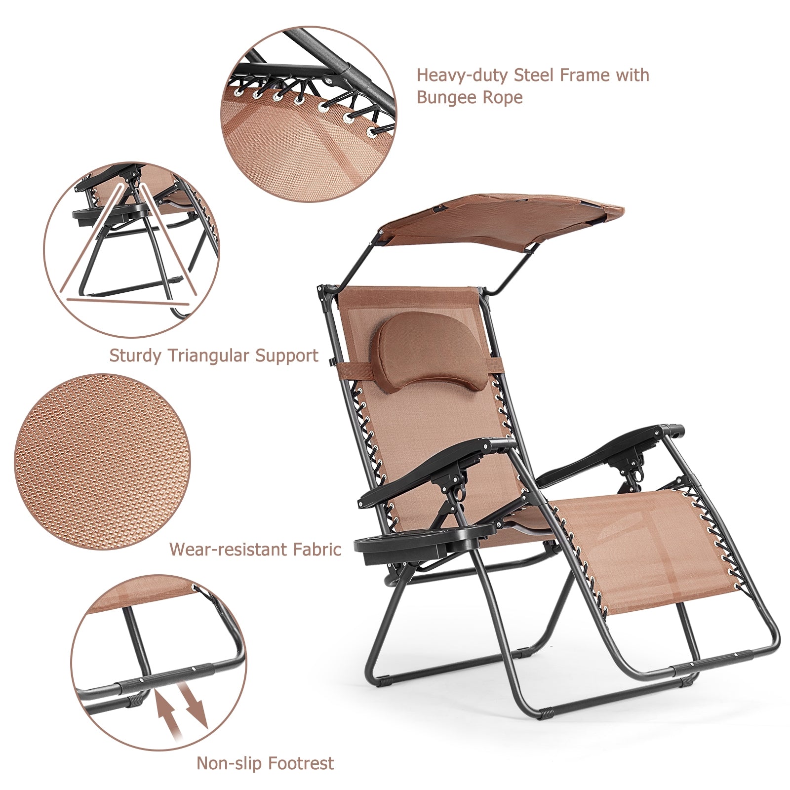 Folding Recliner Lounge Chair w/ Shade Canopy Cup Holder, Brown Beach & Lawn Chairs at Gallery Canada
