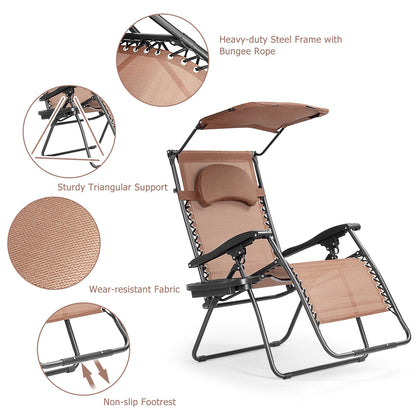 Folding Recliner Lounge Chair w/ Shade Canopy Cup Holder, Brown Beach & Lawn Chairs at Gallery Canada