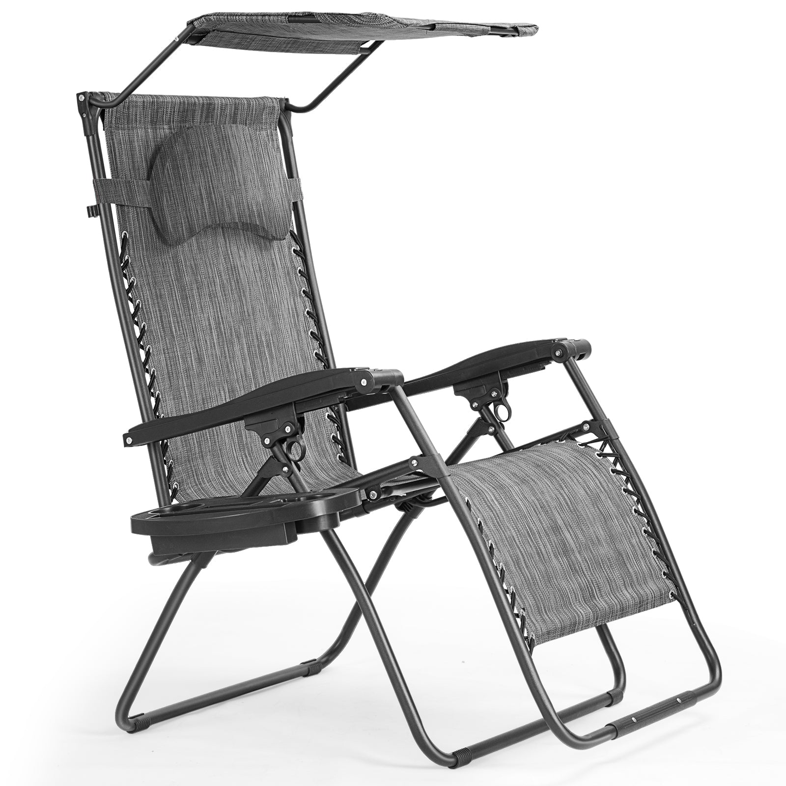 Folding Recliner Lounge Chair With Shade Canopy, Cup Holder, Gray Beach & Lawn Chairs Gray at Gallery Canada