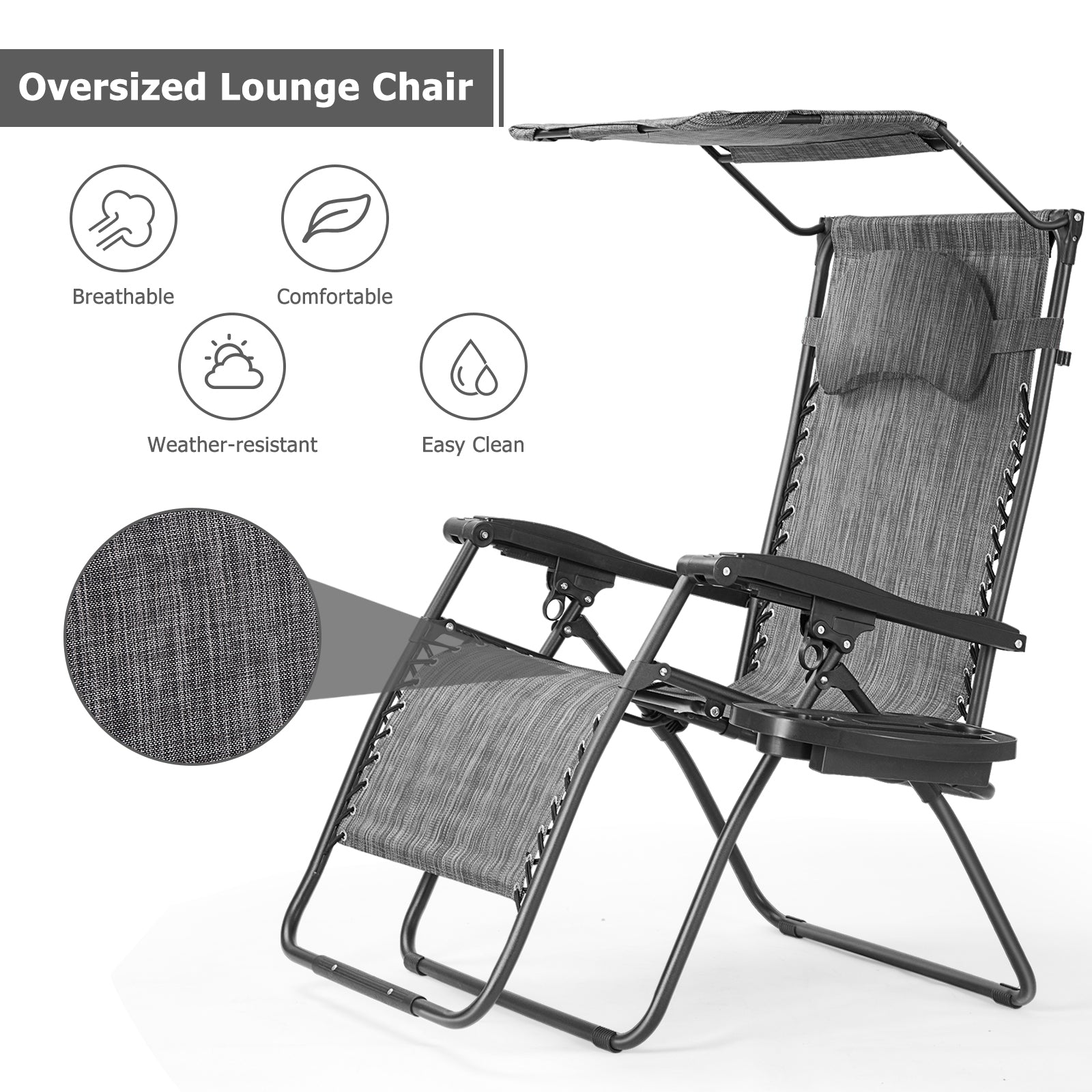 Folding Recliner Lounge Chair w/ Shade Canopy Cup Holder, Gray Beach & Lawn Chairs at Gallery Canada