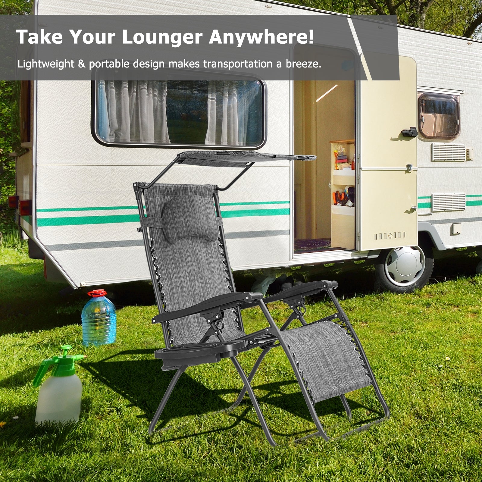 Folding Recliner Lounge Chair w/ Shade Canopy Cup Holder, Gray Beach & Lawn Chairs at Gallery Canada