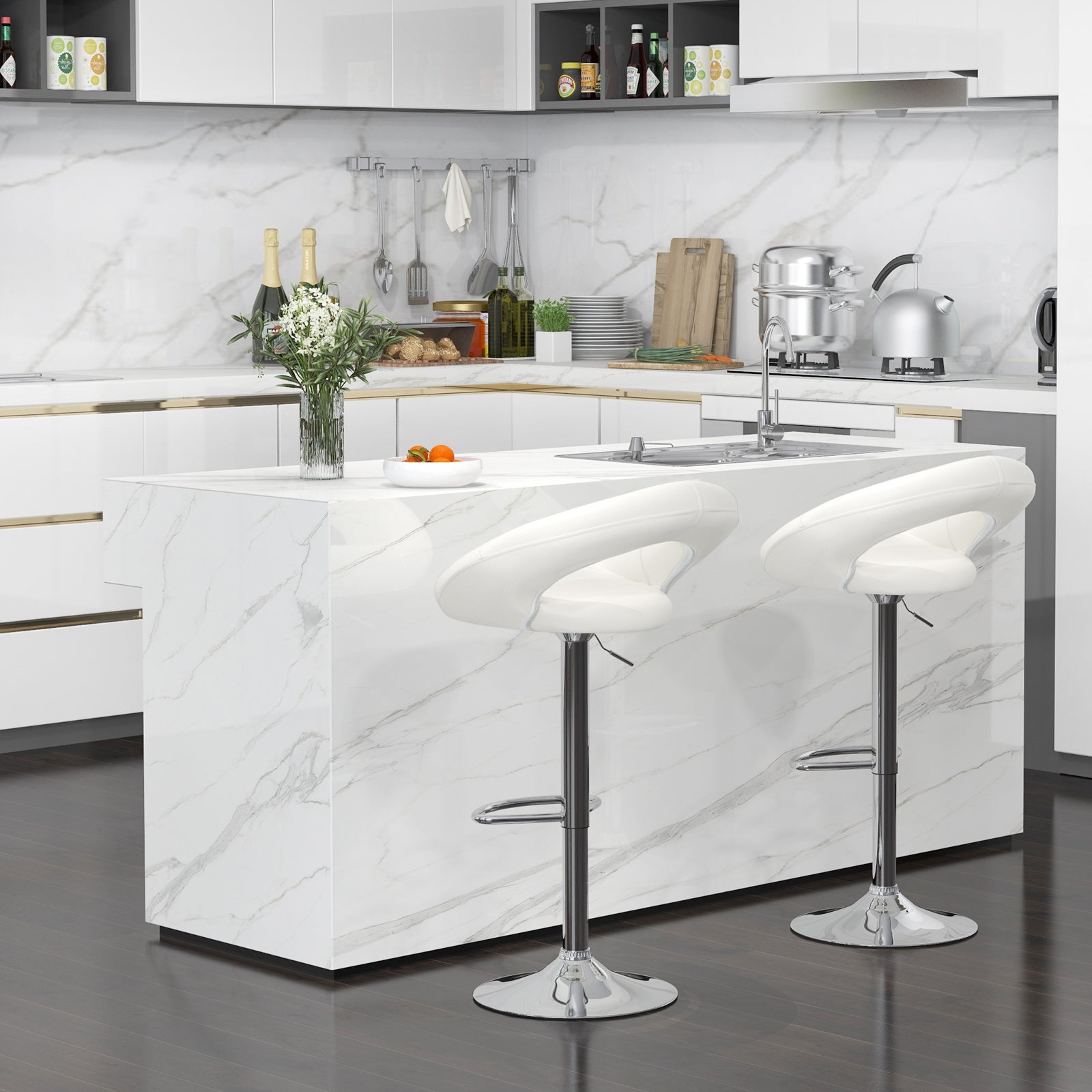 Height Adjustable Bar Stools Set of 2 with Hollow Back and Footrest, White Bar Stools at Gallery Canada