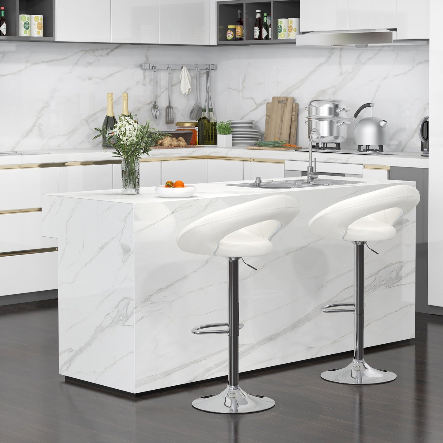 Height Adjustable Bar Stools Set of 2 with Hollow Back and Footrest, White Bar Stools at Gallery Canada