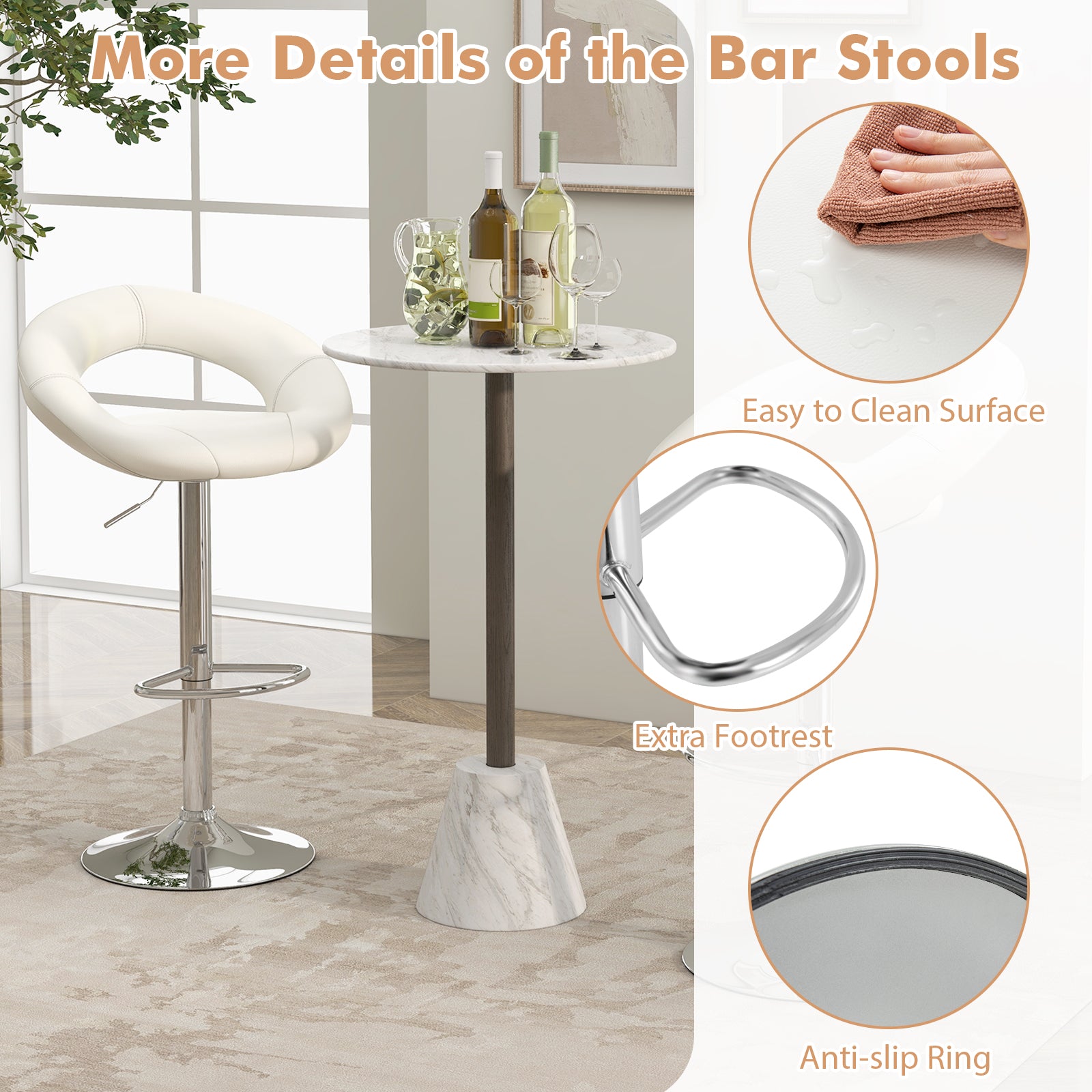 Height Adjustable Bar Stools Set of 2 with Hollow Back and Footrest, White Bar Stools at Gallery Canada